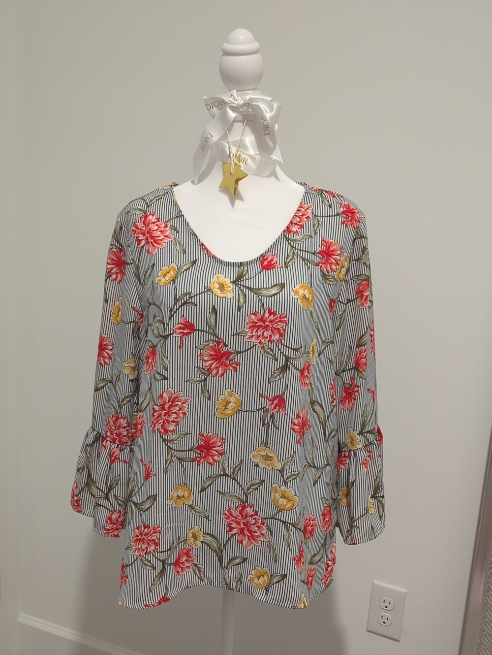 Fred David Floral Scoop-Neck Tunic in Pink, Yellow & Black-White Stripe